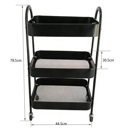 Carrello Multiuso 44,5x30,5x78,5 cm Nero in Acciaio al Carbonio a 3 Ripiani con Ruote 360°