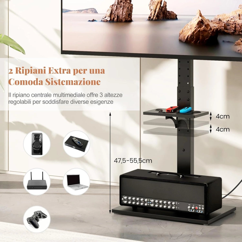 Supporto TV da Pavimento da 32-70 Pollici, Piedistallo TV Regolabile in Altezza e Inclinazione con Presa di Corrente e Ripiano AV, Portata 50 kg, Porta TV per Soggiorno