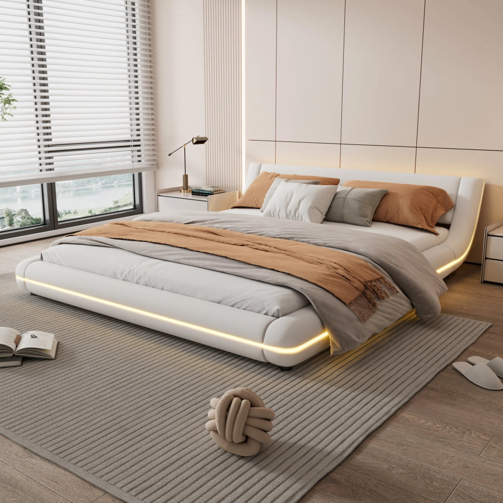 LETTO a pavimento 160x200 cm in PU bianco con illuminazione LED