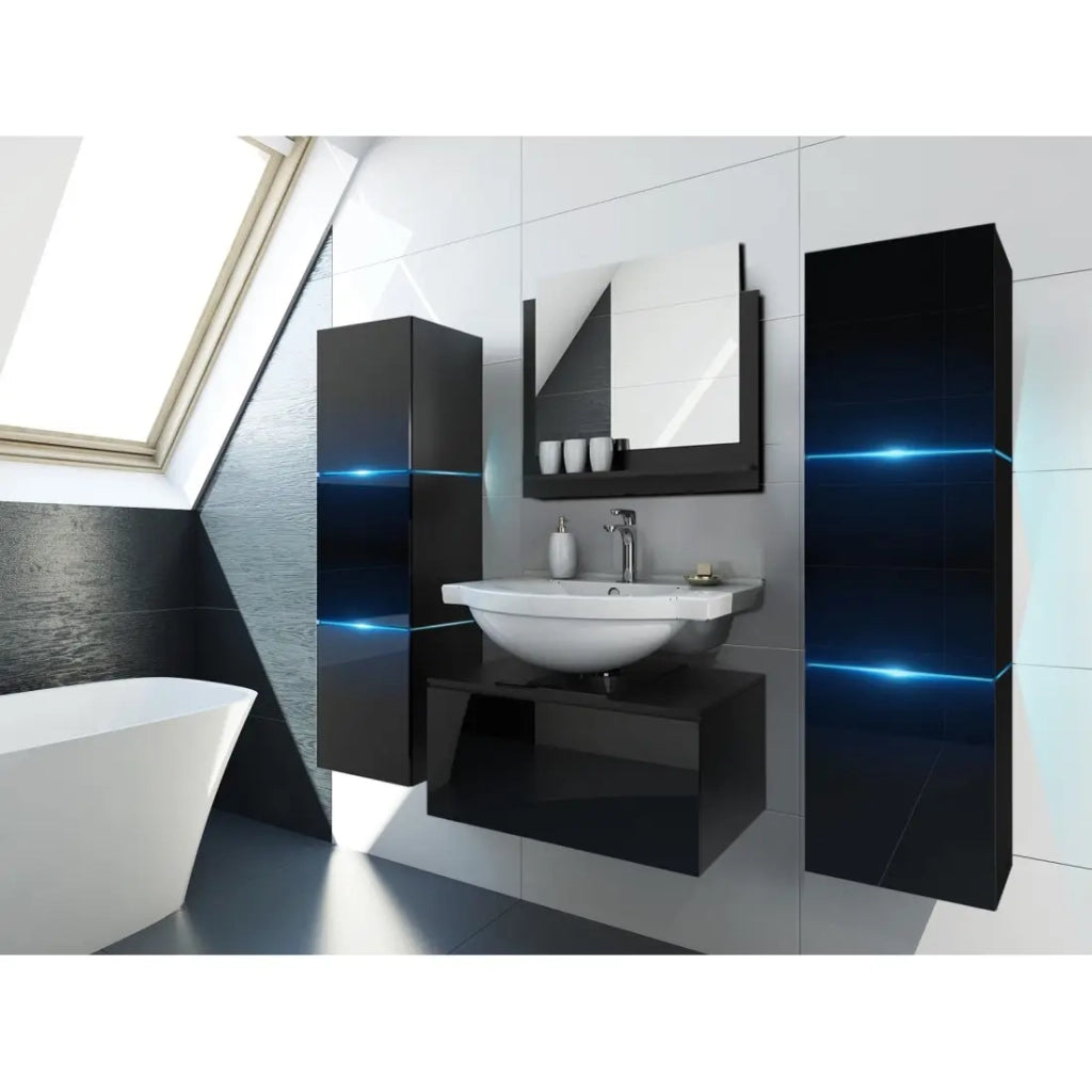 Mobile sottolavabo sospeso collezione OWL, nero opaco e lucido, pannello in vetro nero, ideale per il bagno.