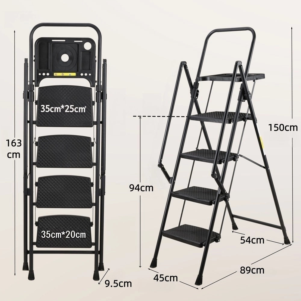 Scala Pieghevole 4 Gradini ¨C Xylo ¨C Acciaio, Antiscivolo, Nera