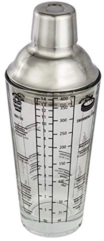 Shaker a cocktail in vetro con manico in acciaio inossidabile - 400 ml con ricette e set di misurazione