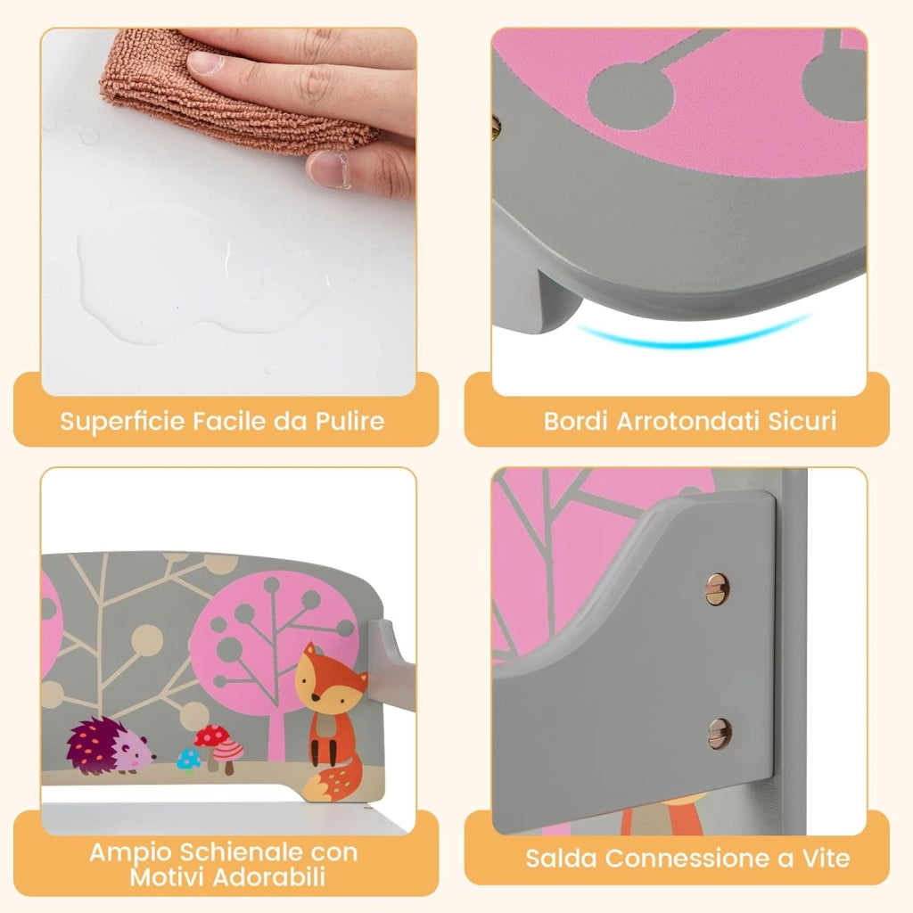 Cassapanca Contenitore 3 in 1 per Bambini Trasformabile in Legno con 2 Cassetti in Tessuto, Tavolo bambini con Sedie Multifunzione, Scatola dei Giocattoli per 3-7 Anni (Grigio)