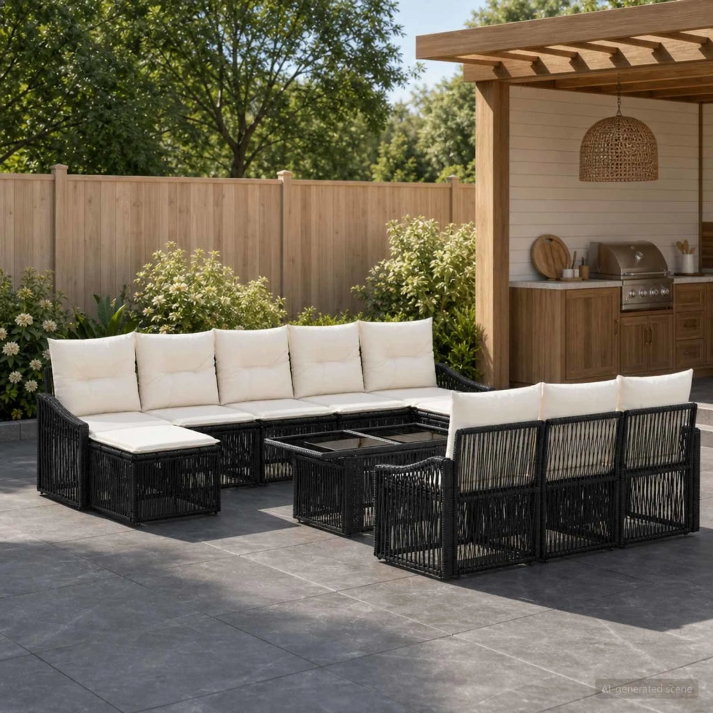 Set Divano da Giardino 11 pz Nero e Bianco Crema polyrattan 3437311