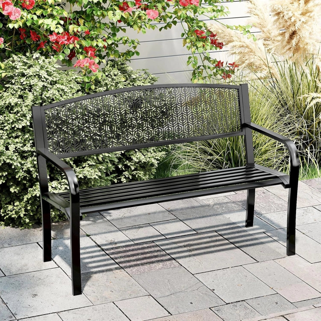 Panca da giardino in metallo a 2 posti, con braccioli comodi e seduta curva, seduta a doghe e schienale elegante, per 2-3 persone, panchina per parco, patio, balcone (nero)