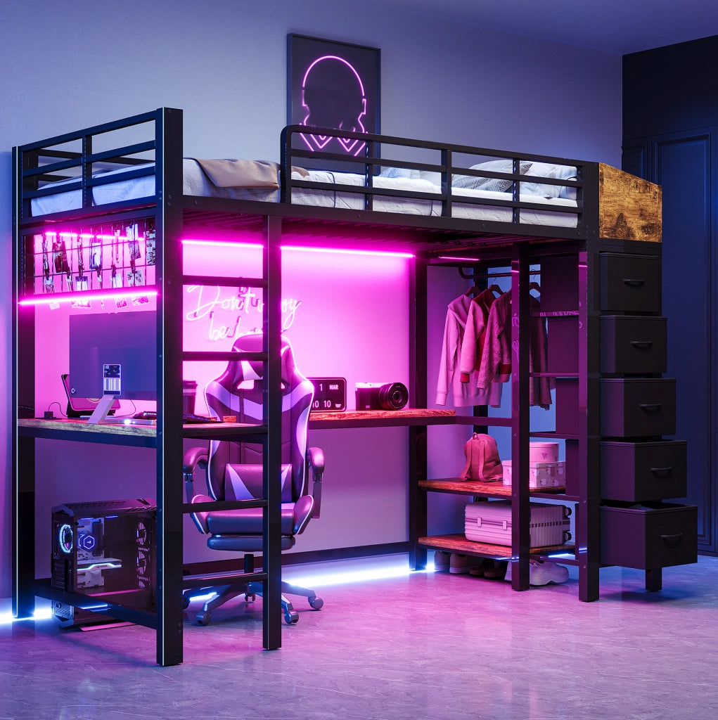 Letto a soppalco 90x200 cm con scrivania e contenimento in metallo nero