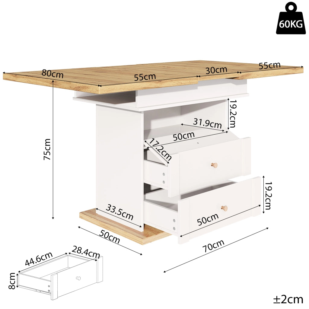 TAVOLO Allungabile 110-140x80x75 cm MDF Bianco e Naturale