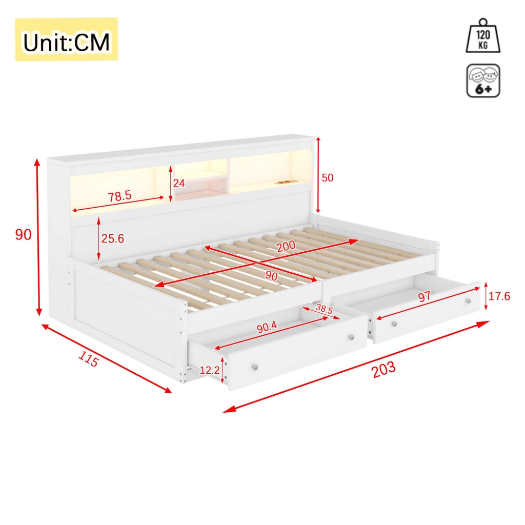LETTO Daybed 90x200 cm con 2 cassetti, USB e LED Bianco