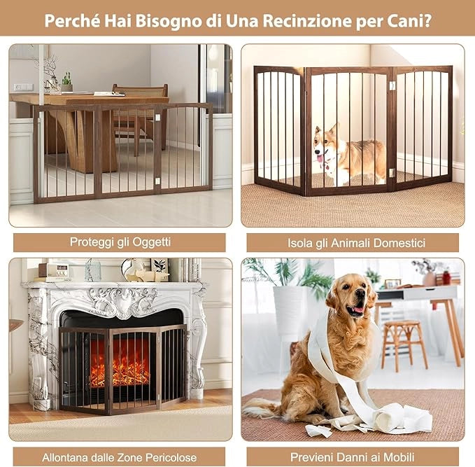 Cancelletto in Legno per Cani 159 x 76 cm, Recinto per Bambini, Cancello Pieghevole a 3 Pannelli per Porte, Scale e Corridoi (Naturale)