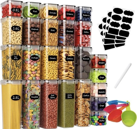 Set di conservazione a tenuta di aria, 25 pezzi, scatola di conservazione per cucina con coperchio in plastica, per conservazione di spaghetti, farina, muesli, cornflakes, 2,8 l, 2 l, 1,6 l, 0,8 l