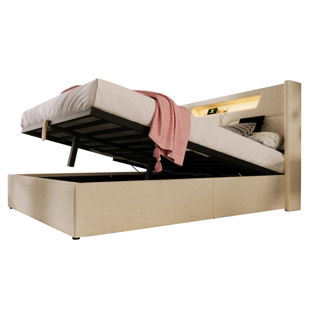 Letto matrimoniale 140x200 in lino beige con LED; USB Type-C e contenitore