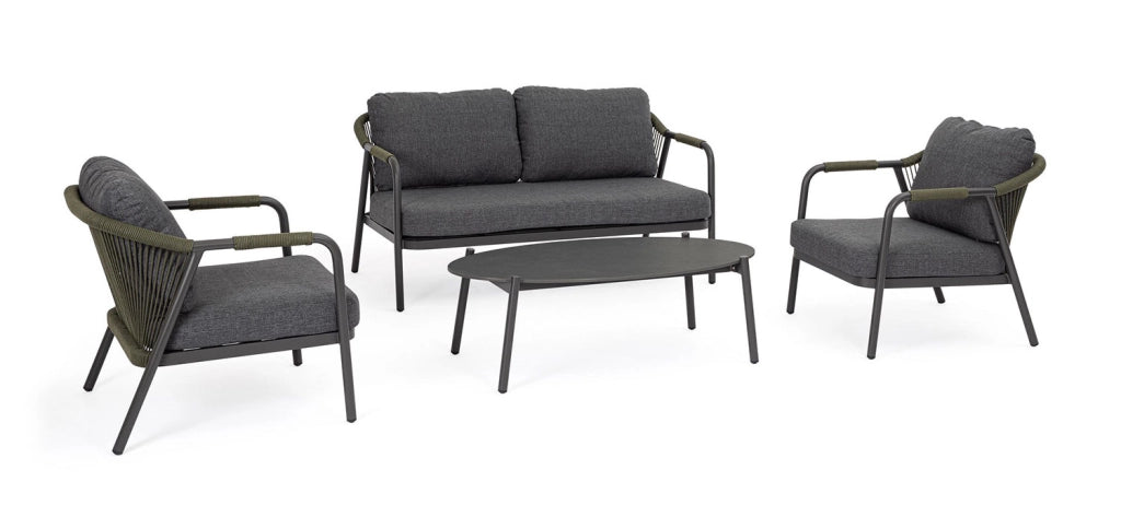 Set 4 Pezzi Salotto da Giardino con Divano 2 Poltrone e Tavolino in Alluminio Corda Poliestere e Pietra Sinterizzata
