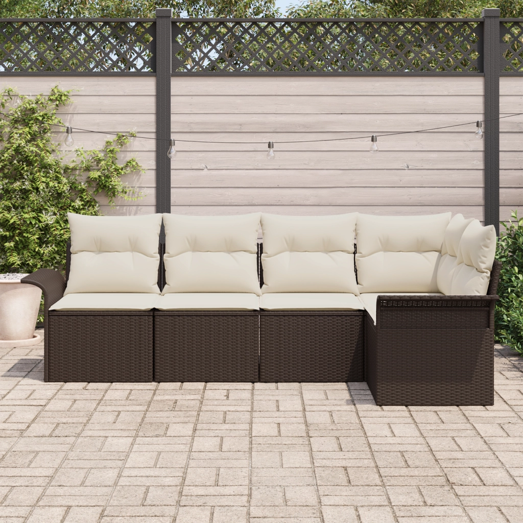 Set di Divani da Giardino da 5 Pezzi con Cuscini Marrone Polyrattan
