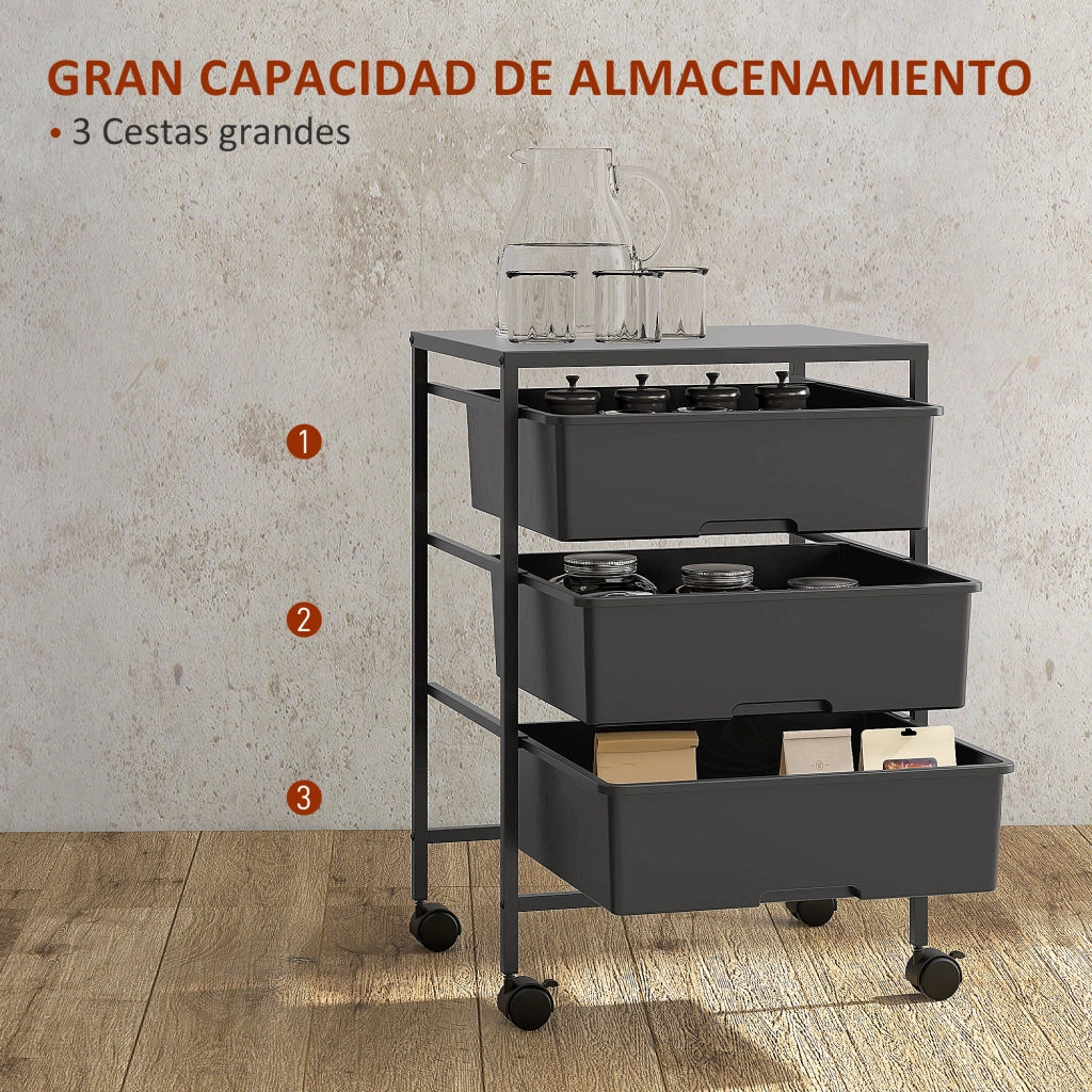 Carrello da cucina con ruote ¨C Xylo ¨C 3 cestelli, acciaio nero, 40,8x33,5x60,5 cm