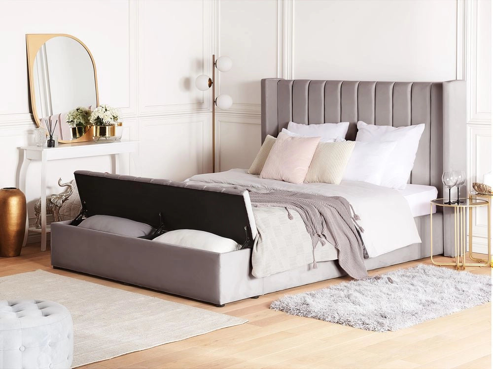 Letto velluto di colore grigio rete a doghe e cassapanca 140 x 200 cm stile moderno glam