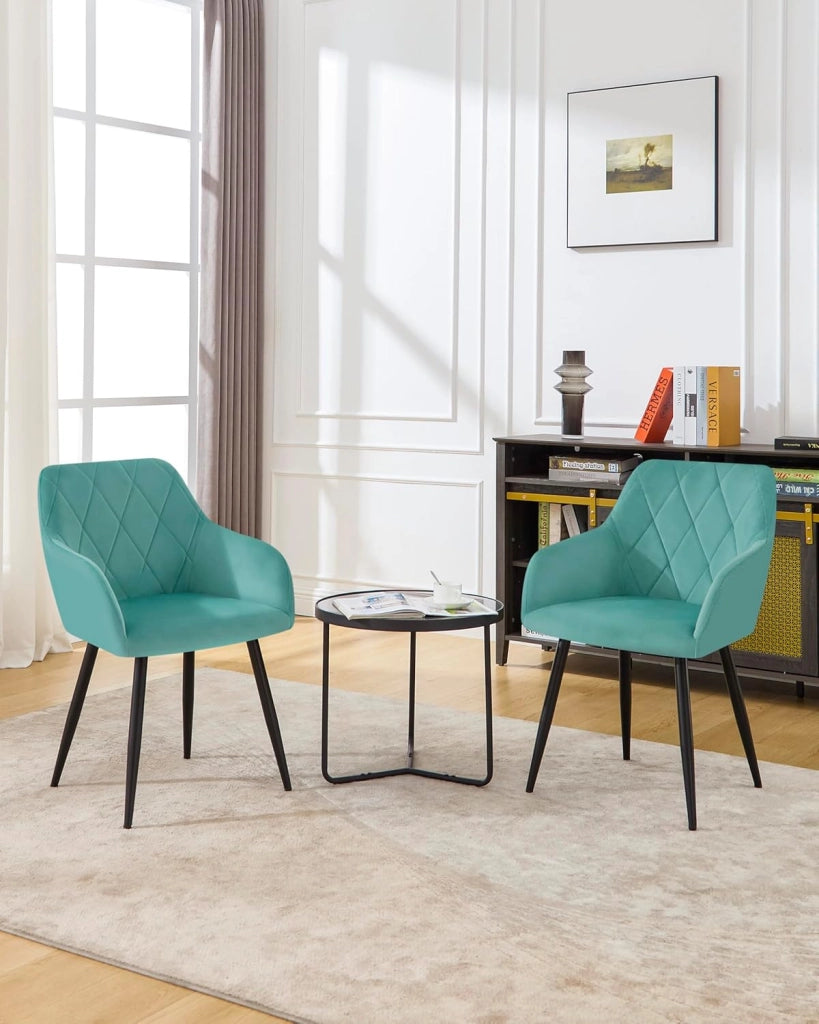 Set di 4 Sedie per Sala da Pranzo Imbottita, Poltroncina in Velluto,Sedia da Cucina con Braccioli e Schienale, Gambe in Metallo, Azzurro, BH352ts-4