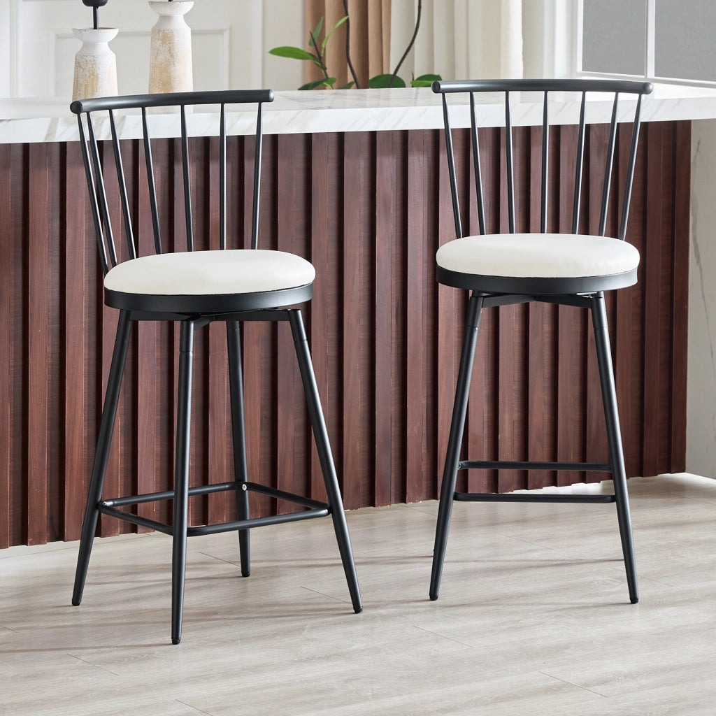Sgabello da bar in stile Windsor con seduta imbottita e schienale curvo, in metallo e PU bianco 73.0 × 45.5 × 45.0 cm