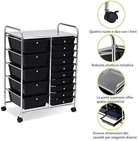 Carrello con 15 Cassetti Impilabili, Carrello di Stoccaggio con Ruote, Carello Portaoggetti per Casa e Ufficio, 62,5 x 37 x 87 cm (Nero)