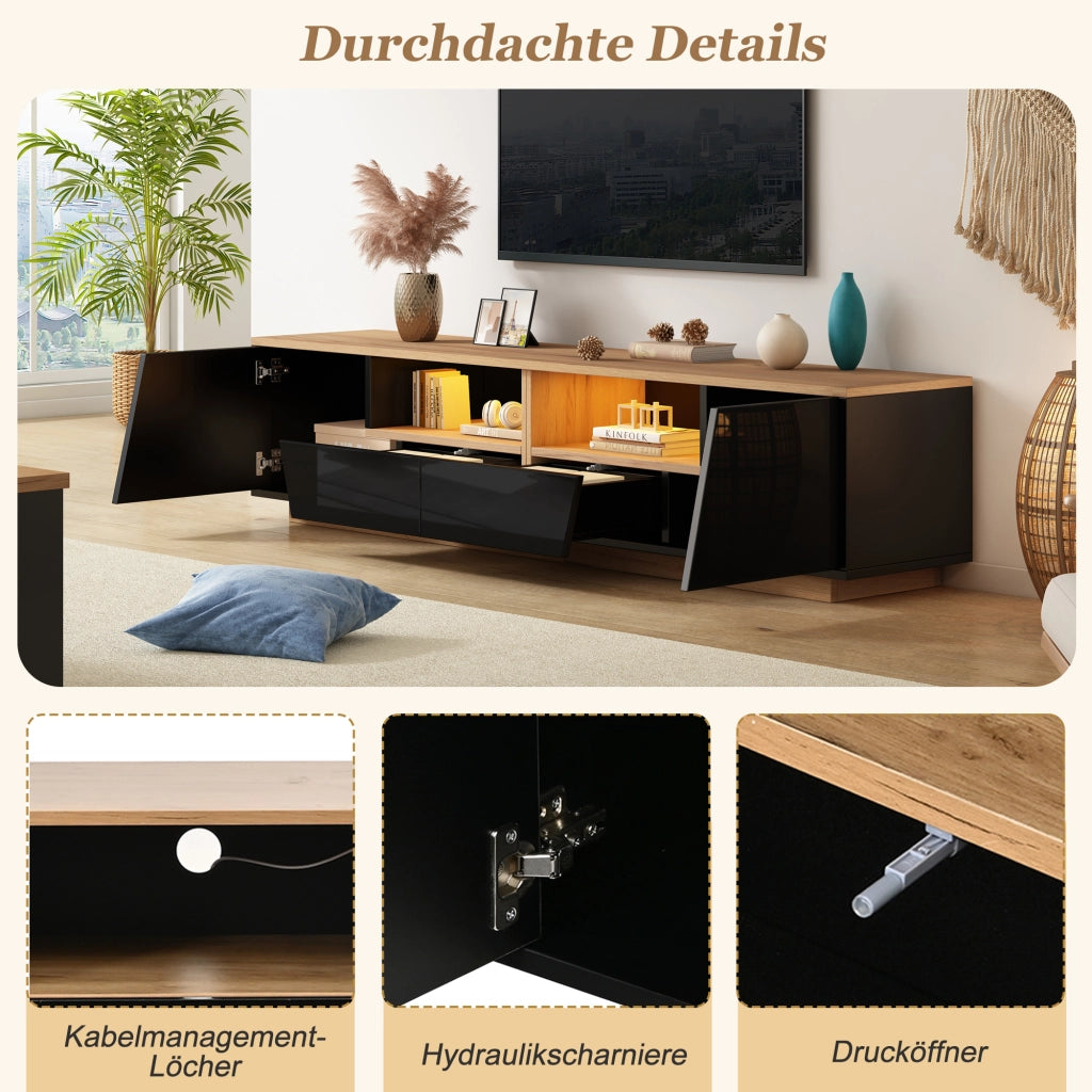 Cassettiera per TV nera e legno naturale in truciolato lunghezza 180 cm