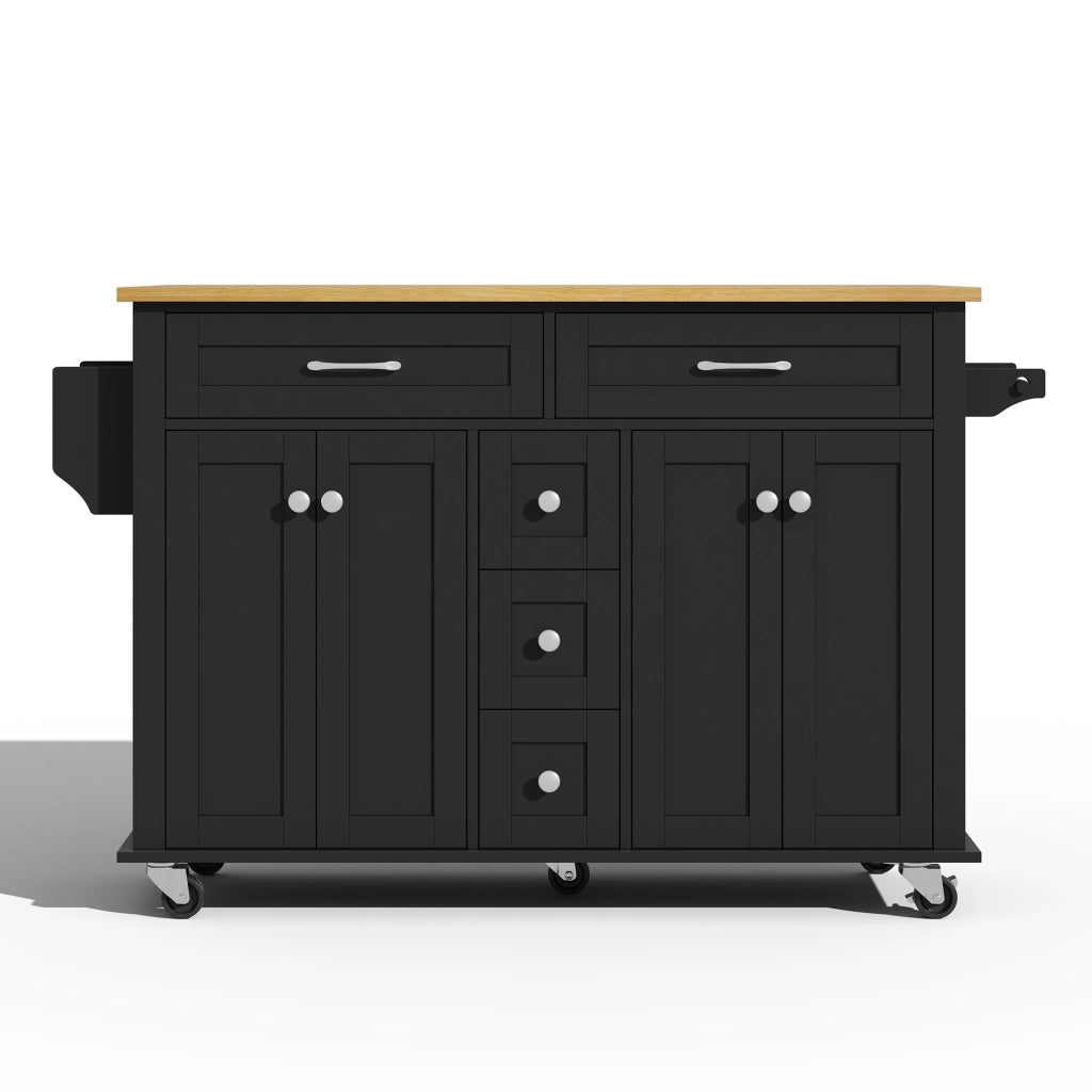Isola da Cucina Mobile 140x40/65x89 cm Nera e Legno con Piano Ribaltabile, 5 Cassetti e 5 Ruote