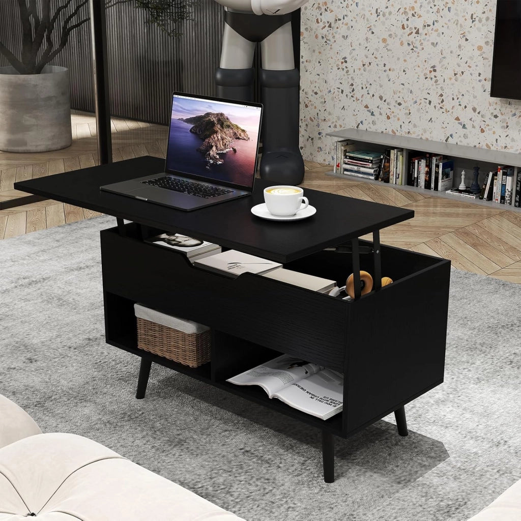 Tavolino da caffè con piano regolabile in altezza, tavolino da caffè e 2 ripiani aperti, tavolo da soggiorno allungabile, tavolino da tè moderno (nero)