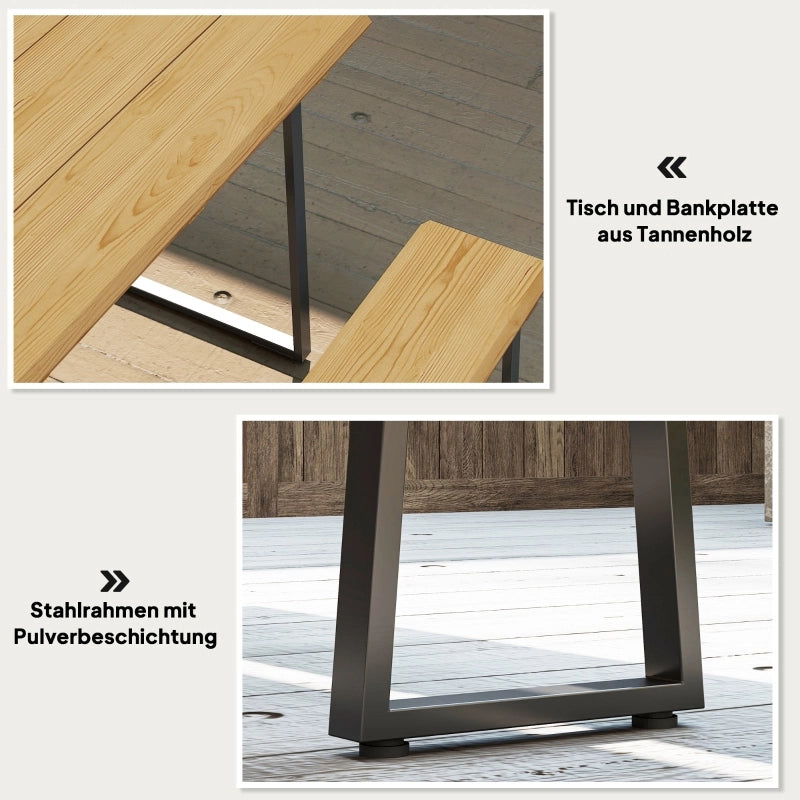 Tavolo da pranzo per esterni con 2 panche e foro ombrellone, in legno e acciaio, per giardino, 178 × 76 × 77 cm