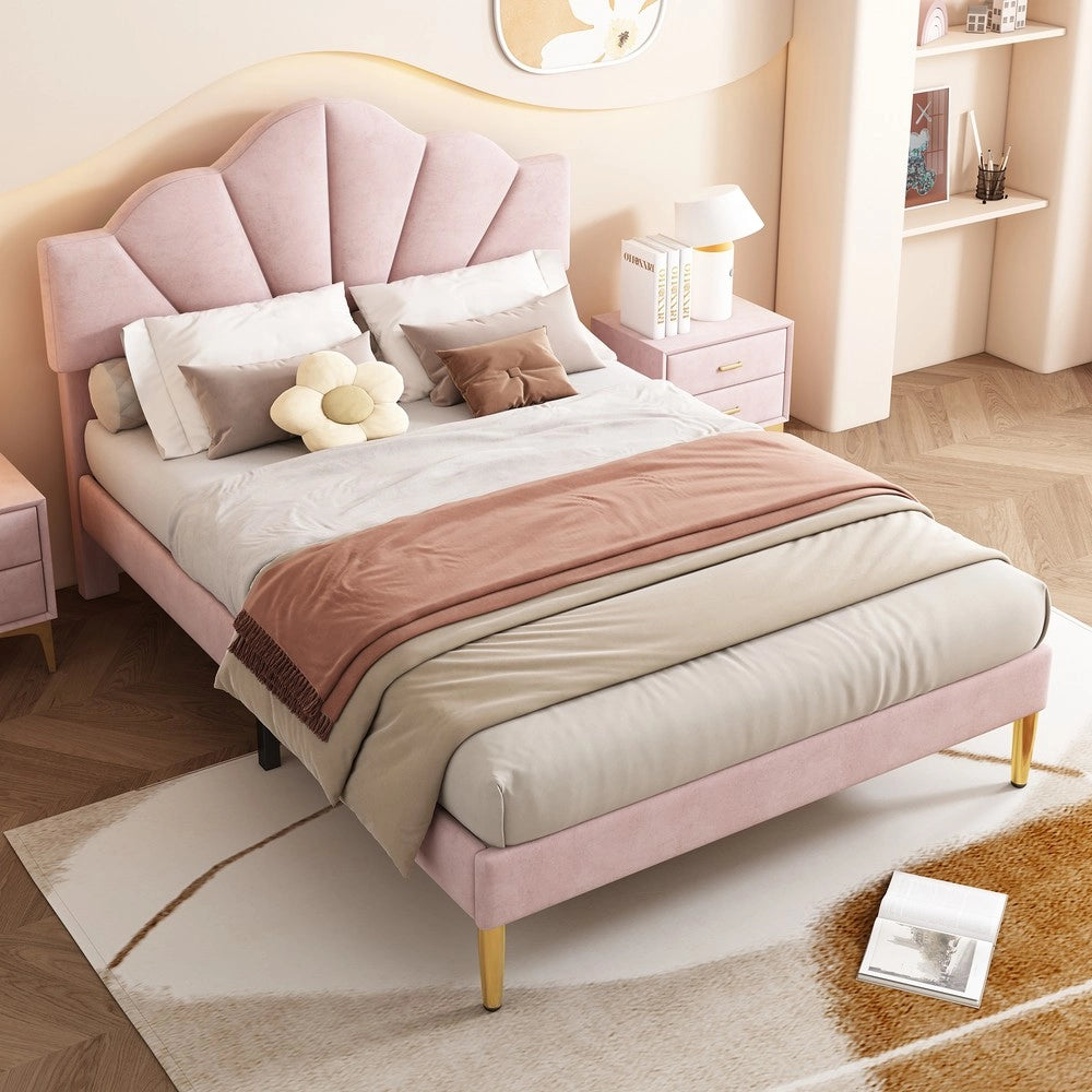 Letto Imbottito Matrimoniale in Velluto ¨C MINIMAL ¨C Rosa 140x190, Testiera Regolabile, Doghe in Legno