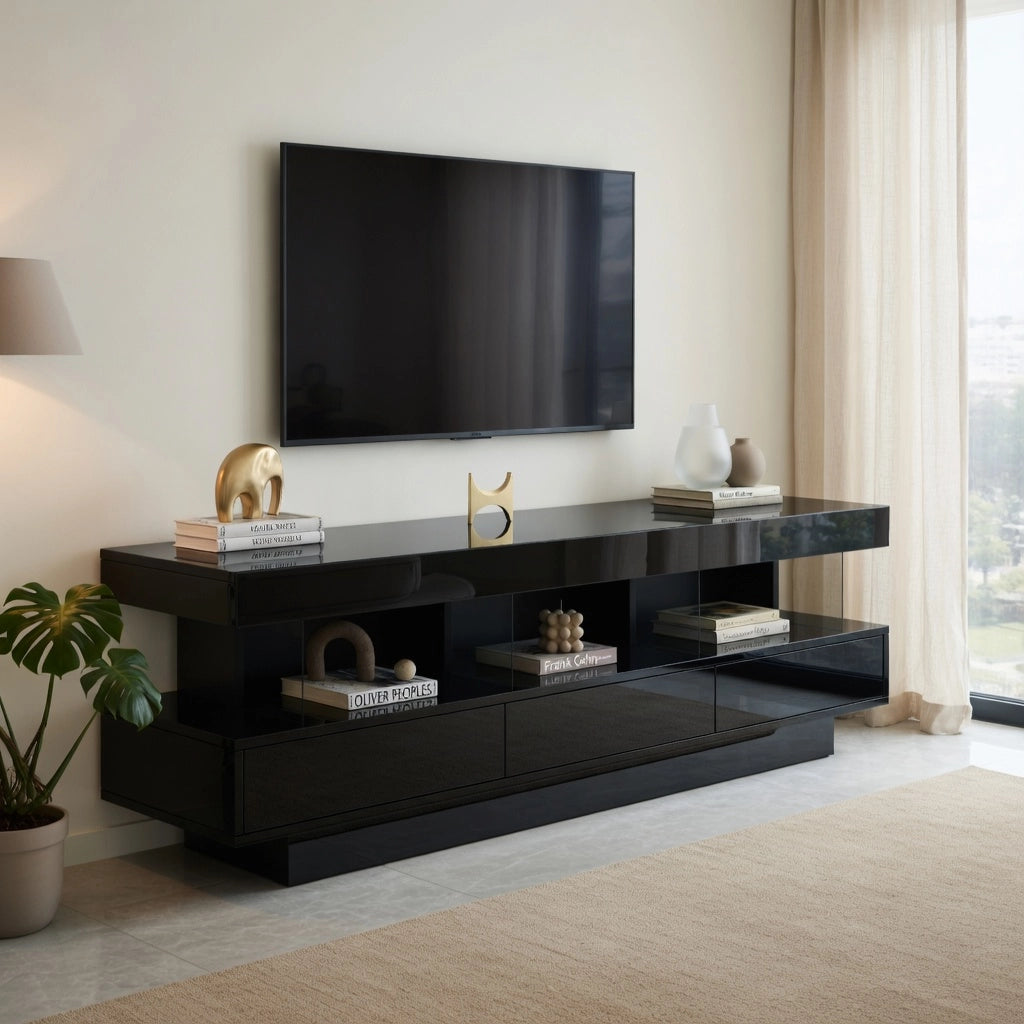 Cassettiera per TV nera lucida in truciolare lunga 160 cm