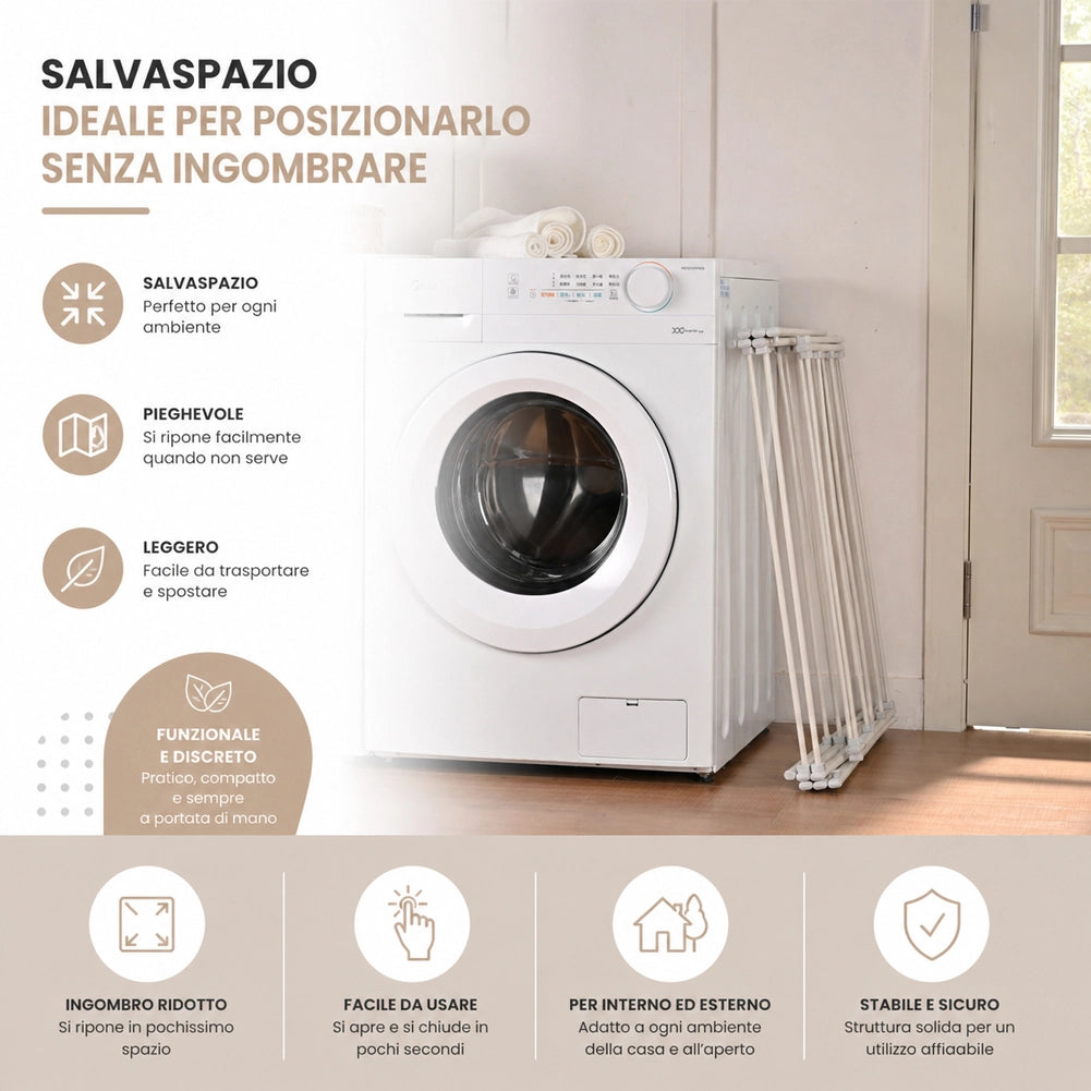 Stendibiancheria Pieghevole Salvaspazio Bianco da Esterno e Interno 72x38x104cm