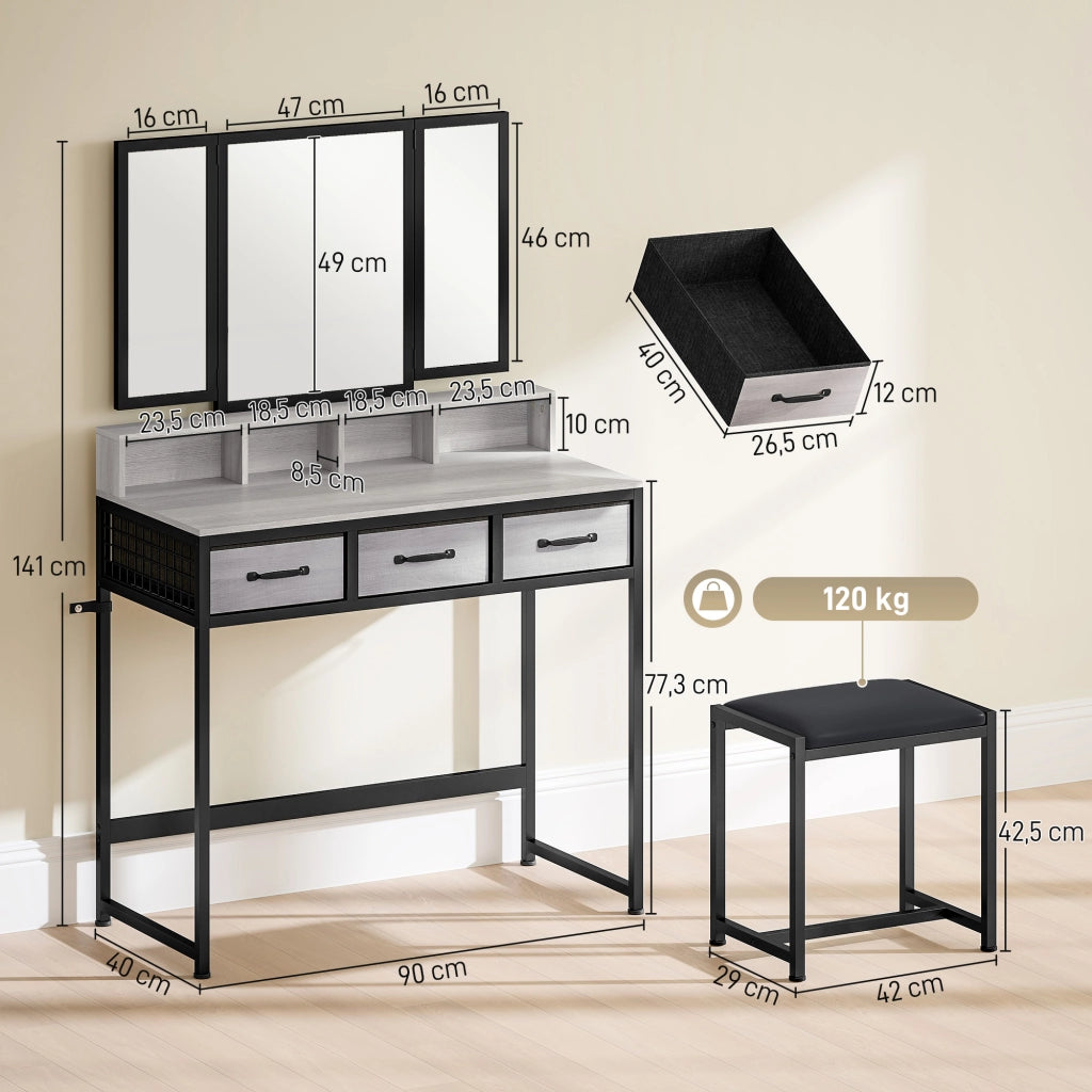 Cassettiera da trucco con specchio trittico e sgabello ¨C zephmum ¨C grigio tessuto 3 cassetti