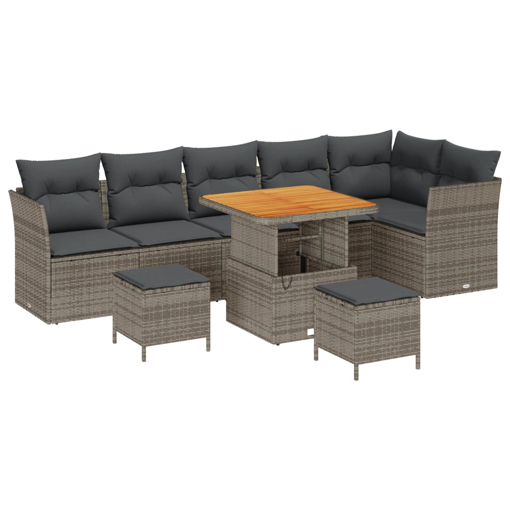 Set di divani da giardino  da 9 pezzi con cuscini Grigio Polyrattan Acacia