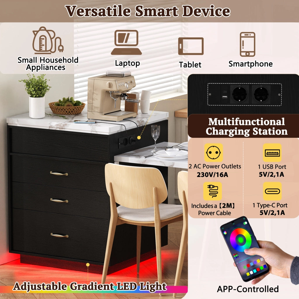 Carrello da Cucina con Tavolo Estensibile; 2 Cassetti; Ripiani Aperti; LED; USB e Type-C; in MDF; Nero