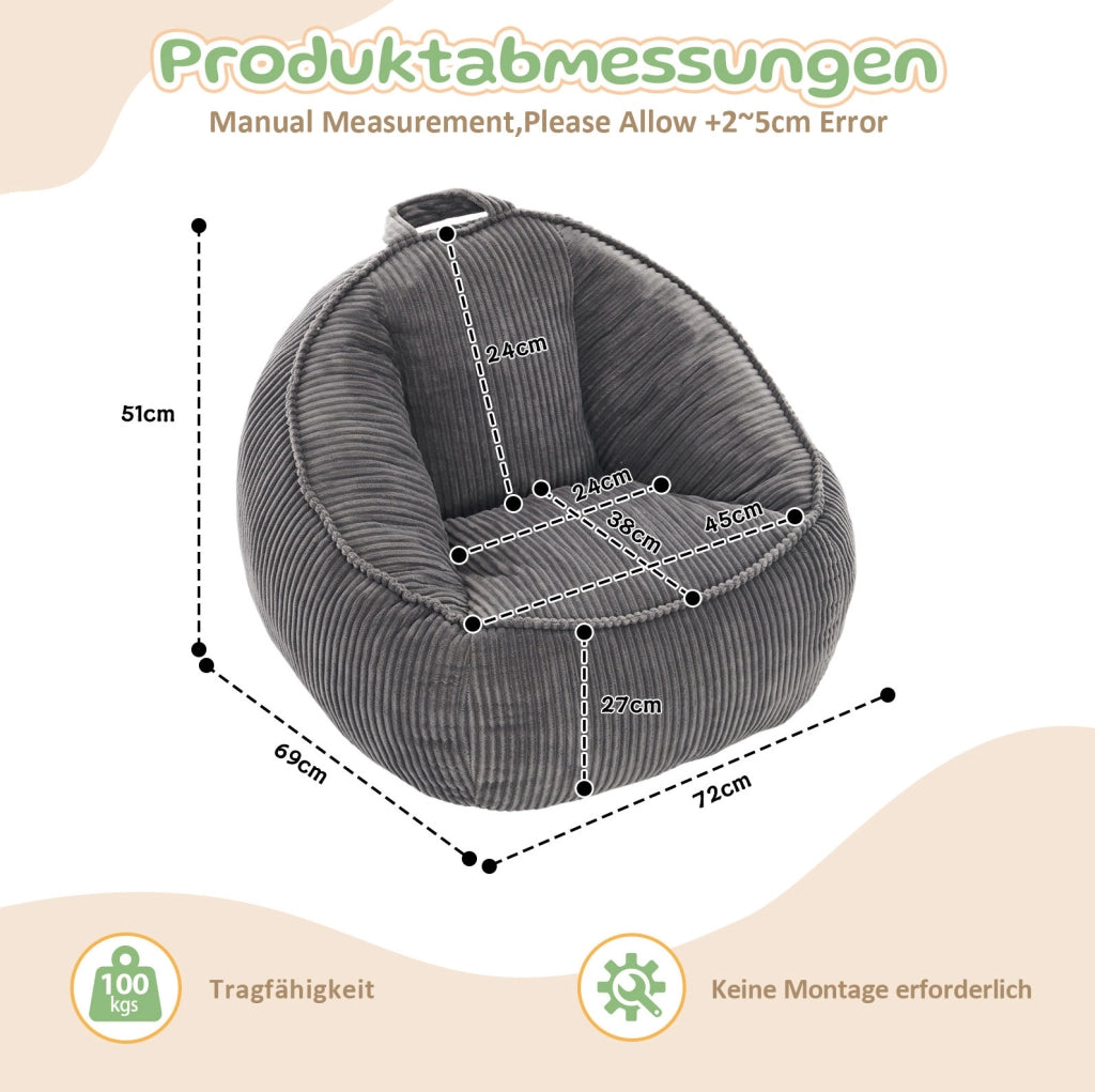 Poltrona sacco per bambini in velluto a coste; forma ergonomica; grigio