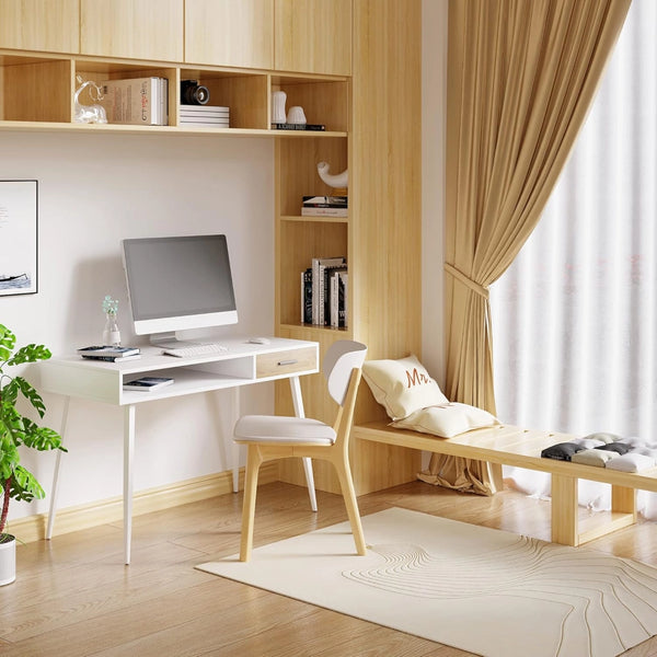 Scrivania Bianca con Cassetto e Ripiano - Tavolo PC per Studio/Camera - 110x50x75cm - Struttura Acciaio + Piano Legno