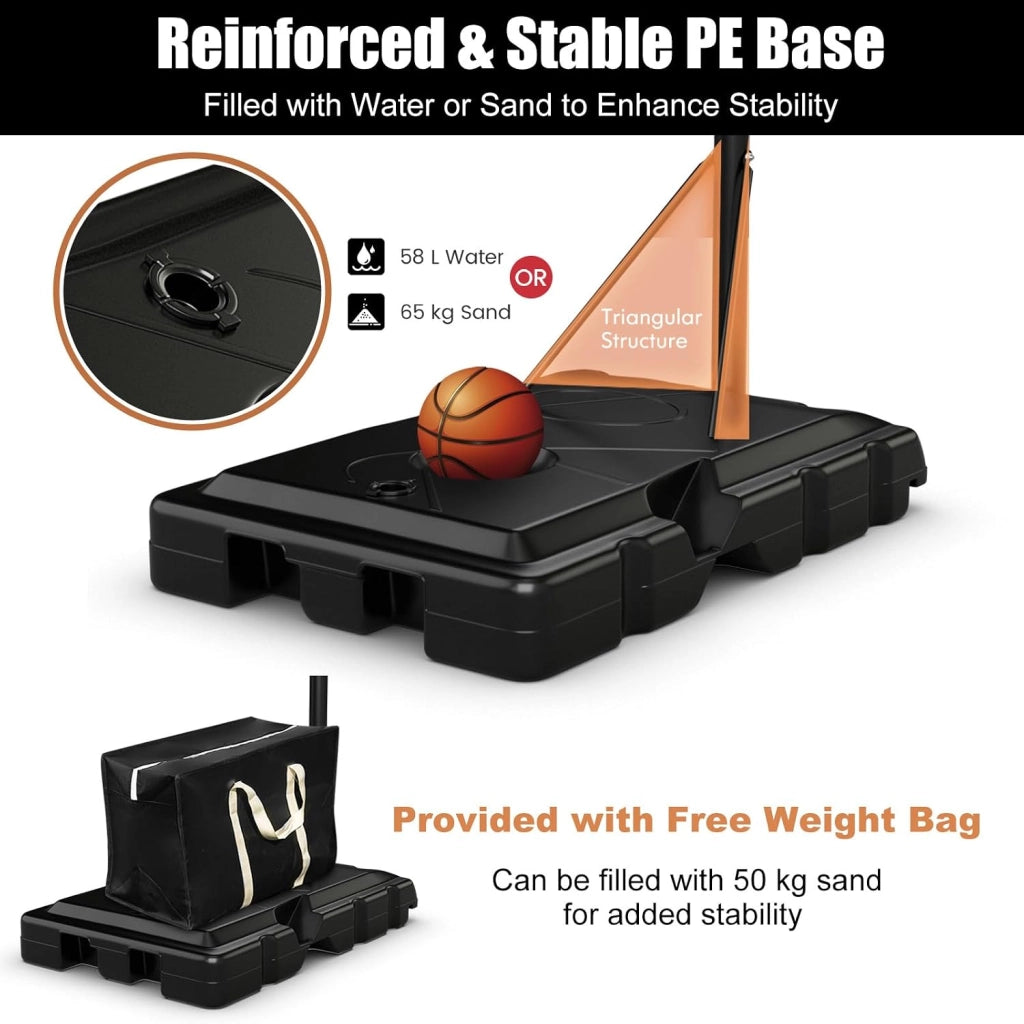 Canestro Basket per Esterno in PE, 10 Livelli di Altezza Regolabile 143-305 cm, Supporto da Basket Portatile con Ruote, Base, Pallacanestro per Interni, per Bambini e Adulti