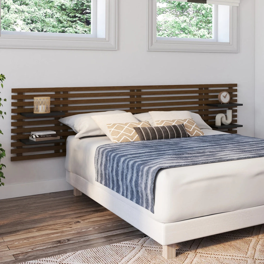 IDMarket - Testiera effetto doga 240 cm in legno invecchiato e ripiani neri AVA