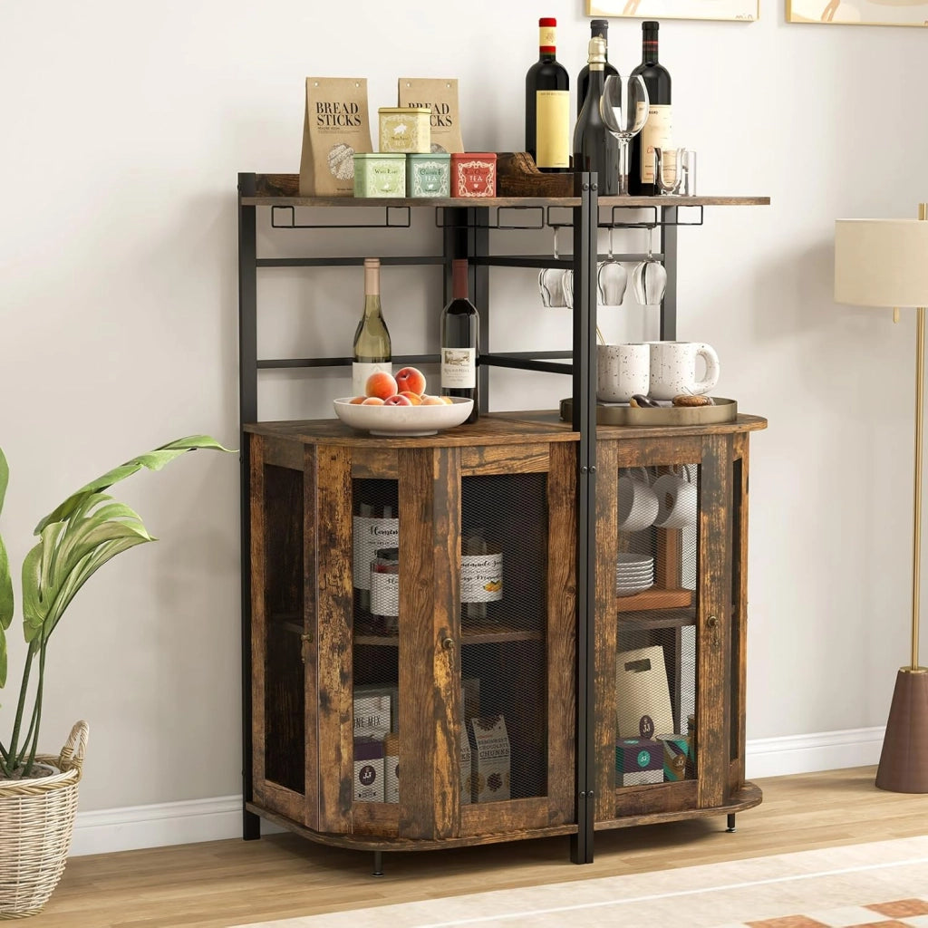 Cantinetta Portabottiglie in Legno, Mobiletto Bar con Porta Bicchieri in Vetro, Porte in Metallo e Ripiano Regolabile, Angolo Bar per Soggiorno, Sala da Pranzo, 48x48x130cm (Marrone)