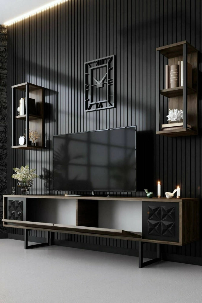 Mobile porta TV Axa, Credenza da soggiorno, Armadio basso per TV, Base parete attrezzata, 180x30h48 cm, Noce e Nero