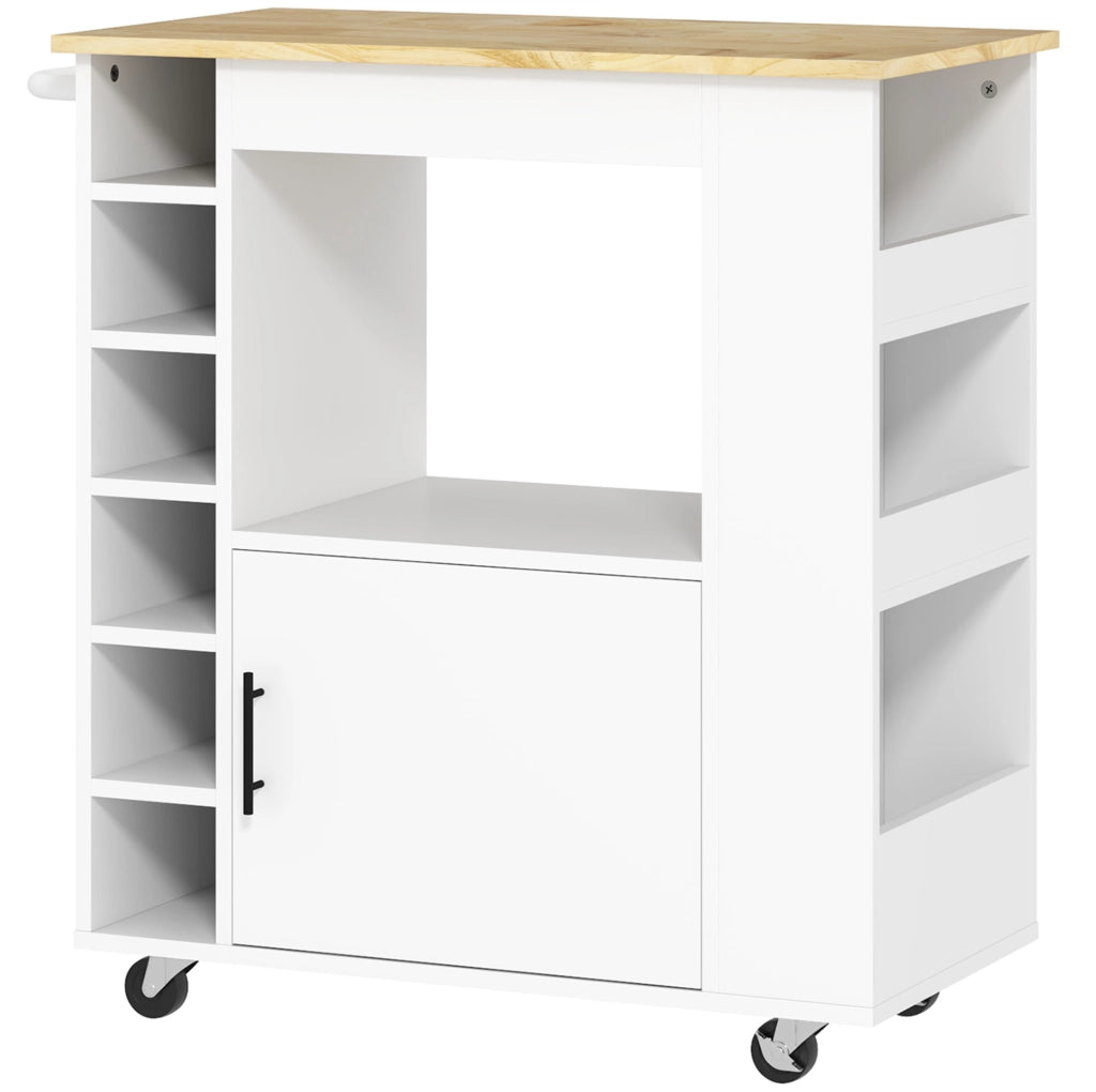 Carrello da cucina con piano in legno, ripiani e portabottiglie