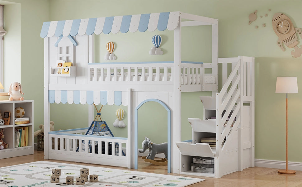 Letto a castello per bambini con scala armadio e finestre, 90x200 cm, bianco/blu