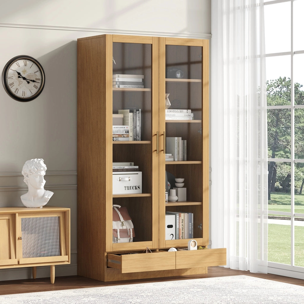 Vetrina con 2 ante in vetro 1 cassetto e 9 vani sfalsati per soggiorno o studio colore legno 80 × 40 × 160 cm