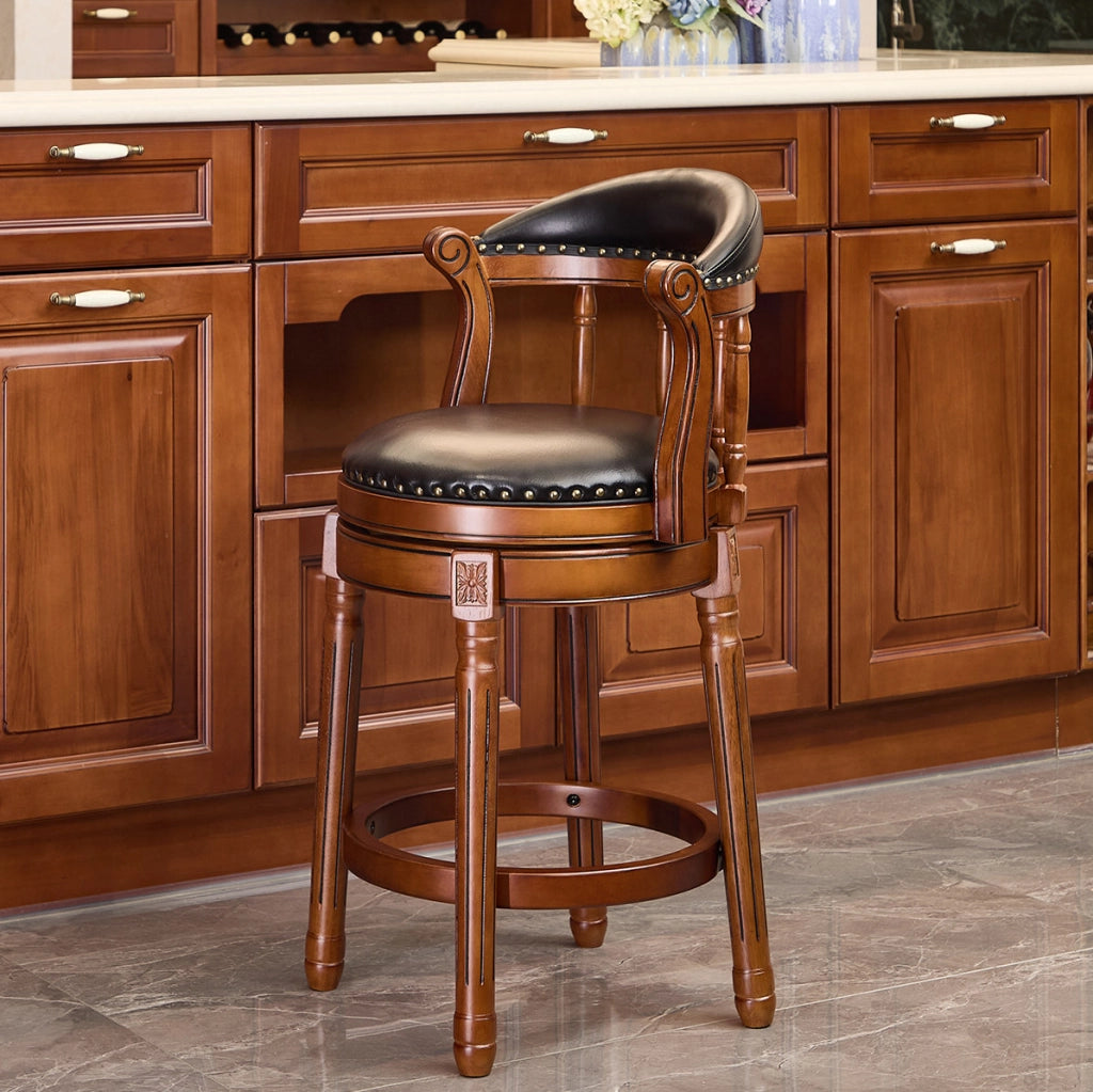Sgabello da bar girevole a 360° in pelle bovina e legno; altezza seduta 66 cm; nero