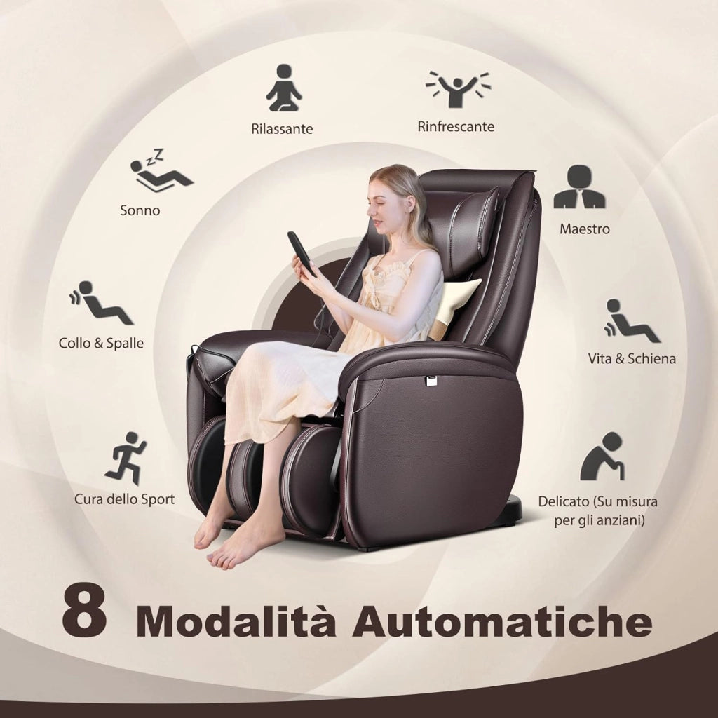 Poltrona Massaggiante Elettrica Shiatsu 8 Modalità, Poltrona Reclinabile con Riscaldatore Schienale, Rilevamento Automatico Spalle, Controllo Remoto, Ruote e Cuscino (Marrone)