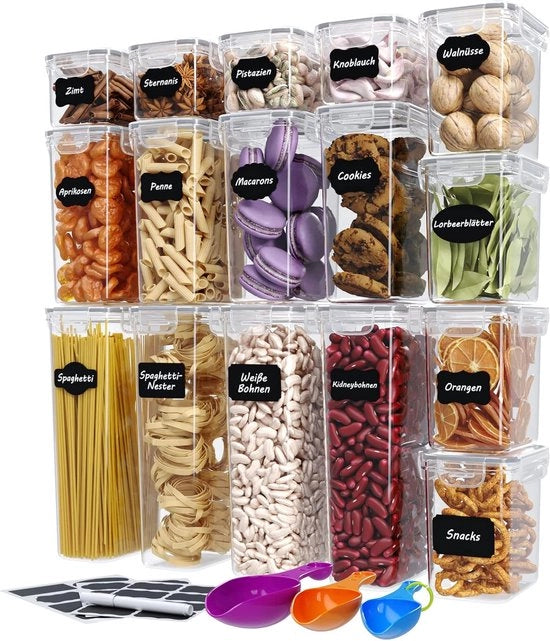 Set di preimballaggio con etichette, pennarelli e calibri, contenitori di conservazione con coperchio, BPA-free, ermetici, impermeabili, lavastoviglie resistenti, quantità: 16 pz.