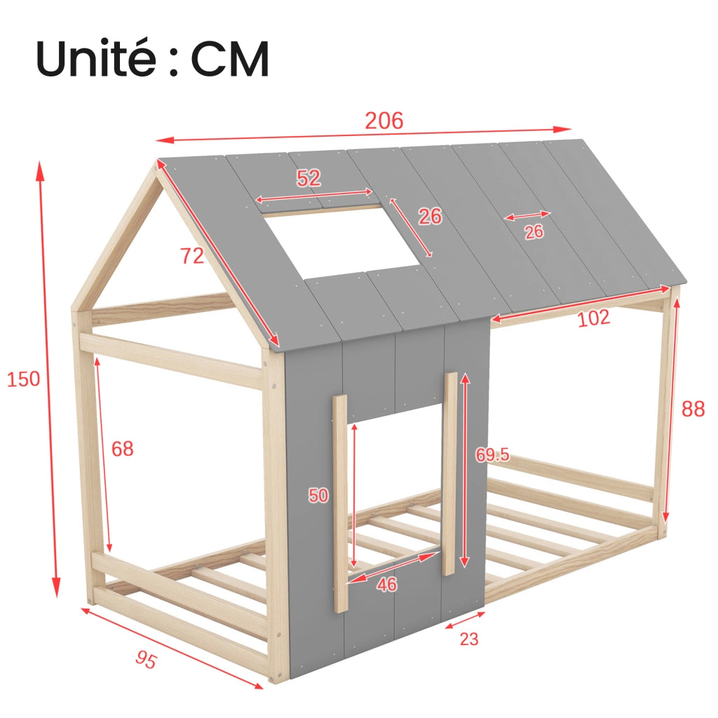 Letto per bambini 90×200 cm a casetta con tetto e finestra; senza materasso; legno e MDF; naturale