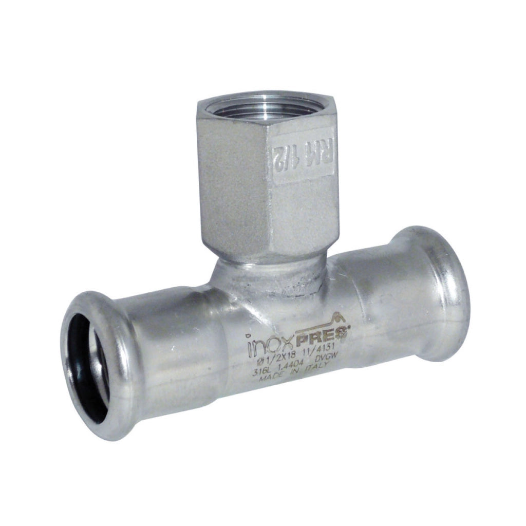 RACCORDO A T A PRESSARE CON DERIVAZIONE FILETTO FEMMINA FEMMINA IN ACCIAIO INX SERIE INOXPRESS UNIKO - ø22X1/2Xø22  - RMR