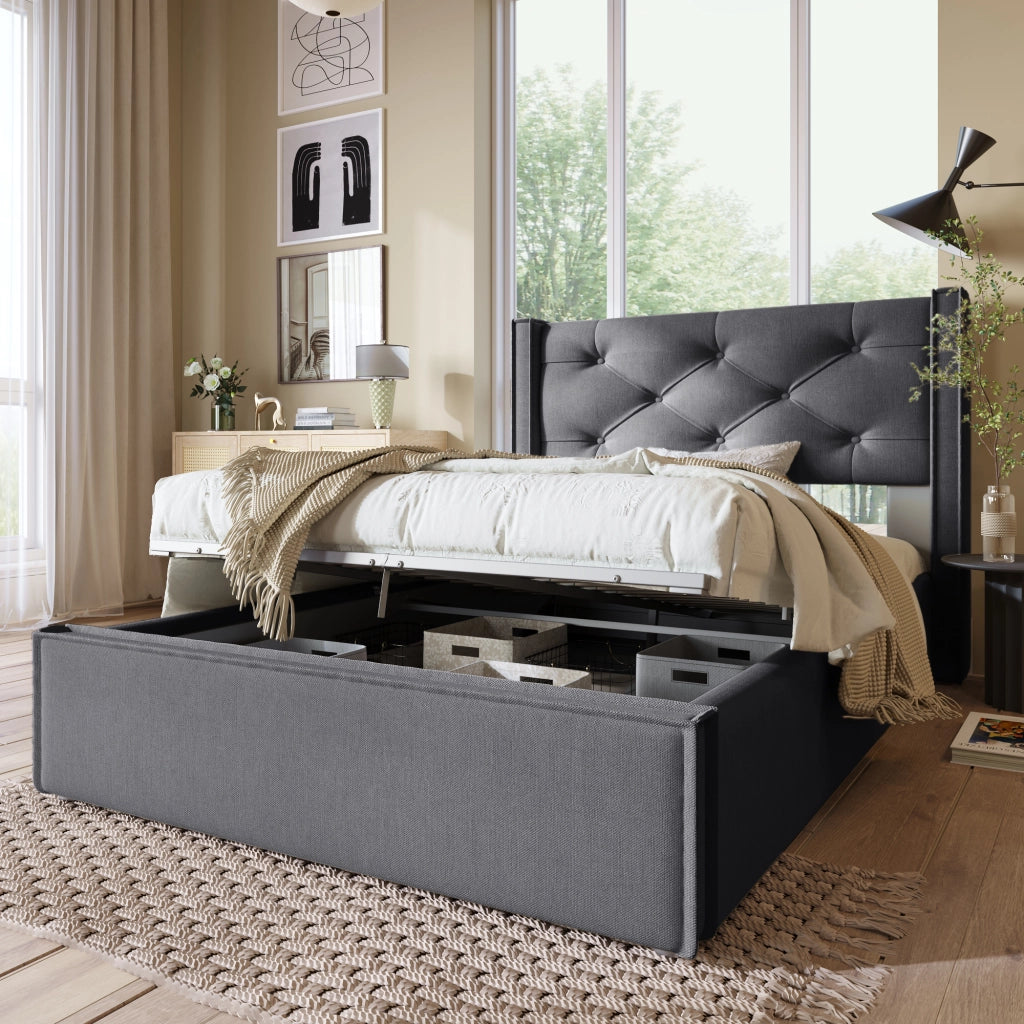 Letto Contenitore 90×200 cm; Letto Singolo con Vano Contenitore e Testiera Imbottita; senza Materasso; Grigio