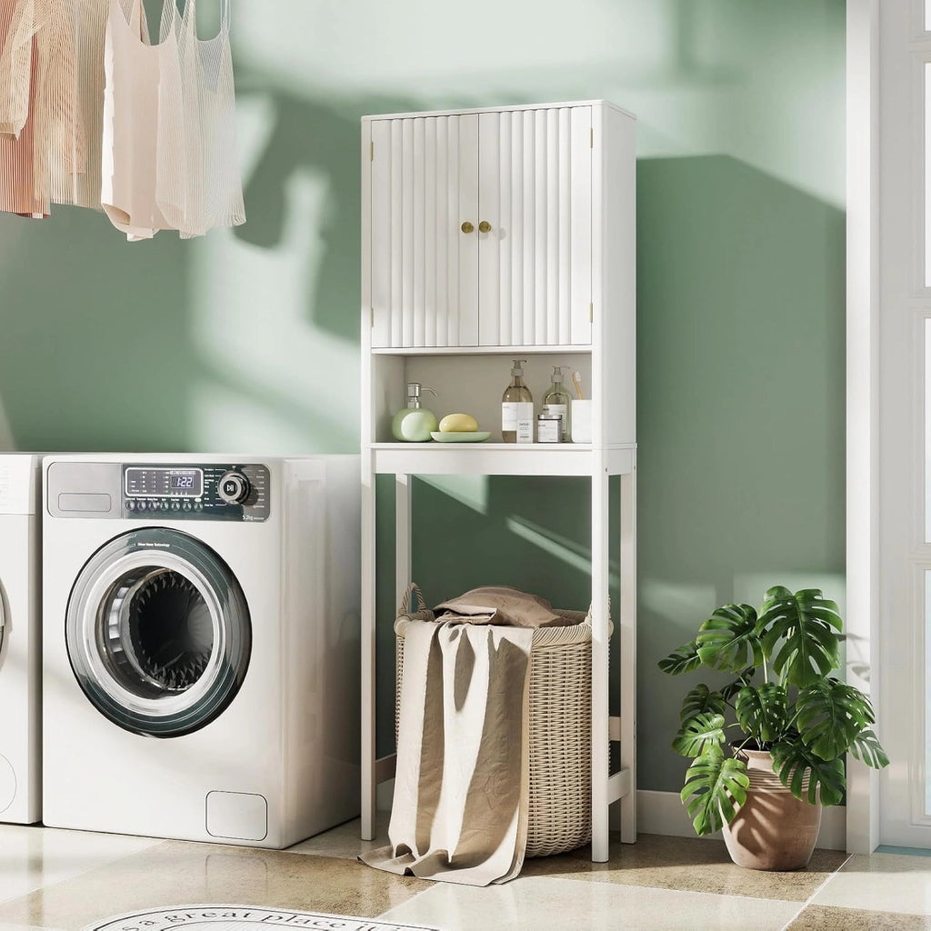 Mobile Bagno Sopra WC, Scaffale per Lavatrice Salvaspazio con 2 Ante, Mensola Aperta e Ripiano Regolabile, Armadietto Sopra Gabinetto in Legno, 60 x 23 x 168 cm (Bianco)