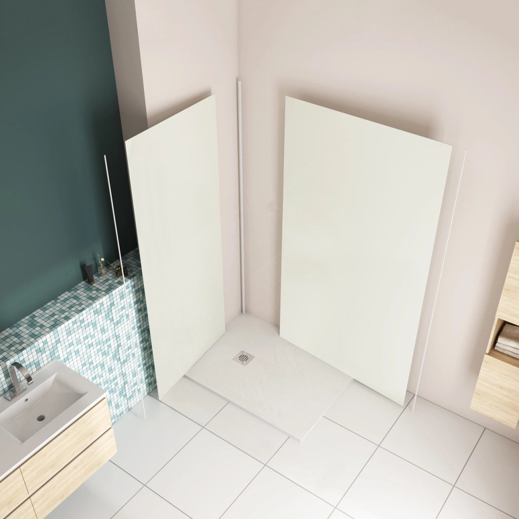 H.210 cm Pannello Doccia ad Angolo 80x90 cm Realizzato in Alluminio da 3 mm con Profili Finitura Bianco Avorio per Rivestimento Parete Bagno