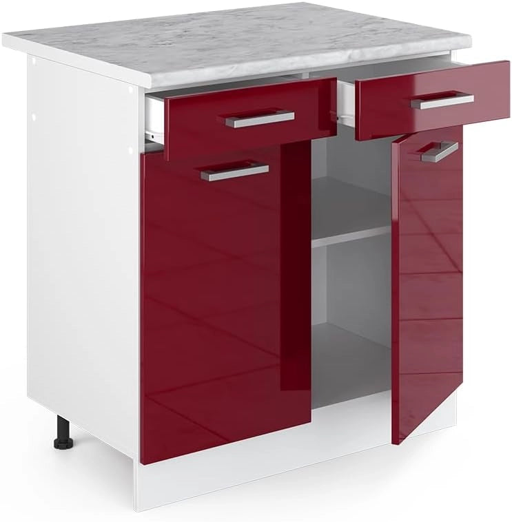 Mobiletto base per cucina R-Line, Rosso lucido, 80 cm, PL Marmo, per la libera combinazione all'interno di sistemi cucina modulari